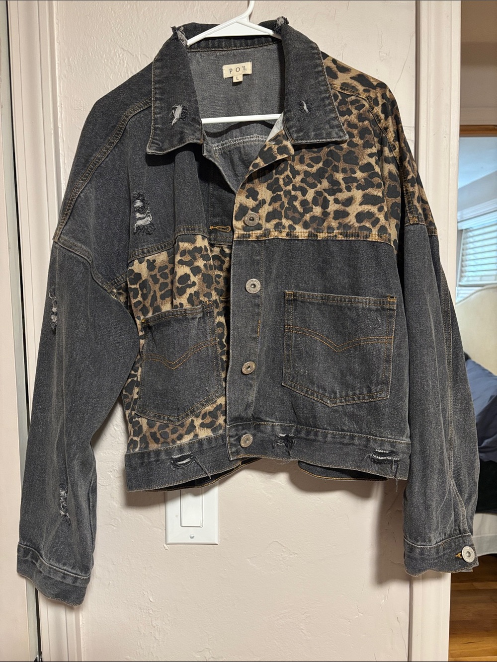 POL Black Denim Jacket with Leopard Panels